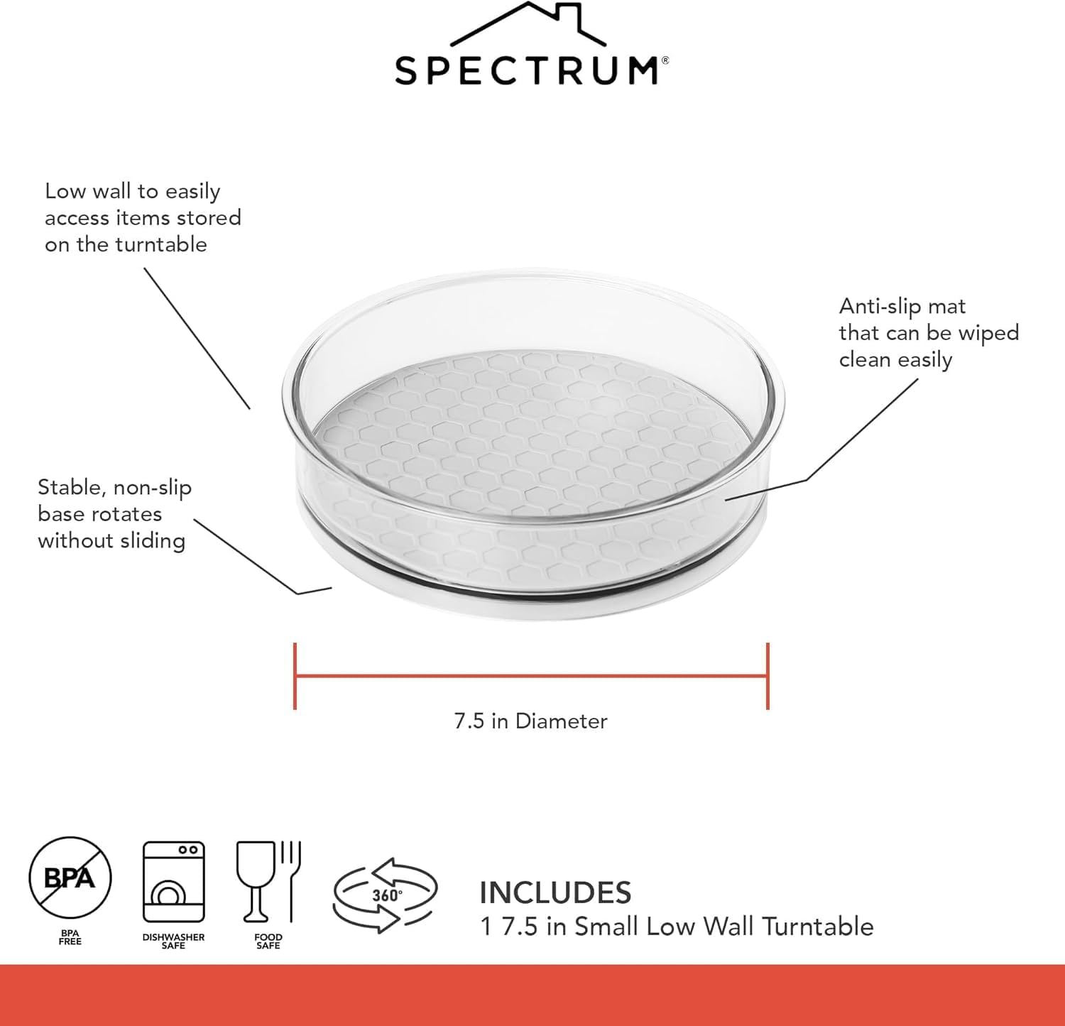 Spectrum Small Lazy Susan Organizer 7.5 in for Cabinets Refrigerator Pantry Table, Oyster Gray Rotating Storage Spice Rack Turntable for Sauces Jams or Tiny Jars, Spinning Fridge Organizer