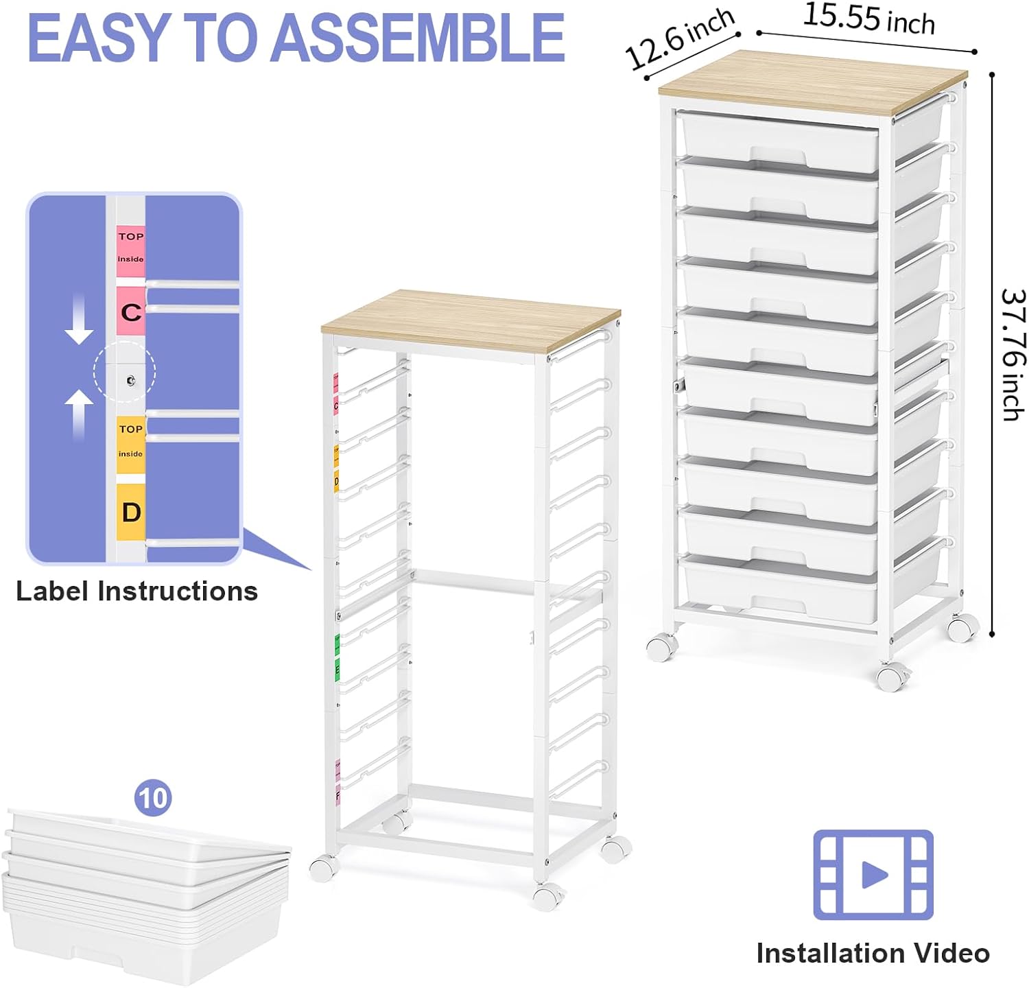 Rolling Cart with Drawers,10 Drawer Rolling Cart,Storage Cart with Wheels,Utility Cart with Drawers,Teacher Cart for Classroom Storage,Craft Cart with Wheels and Wooden Tabletop,White