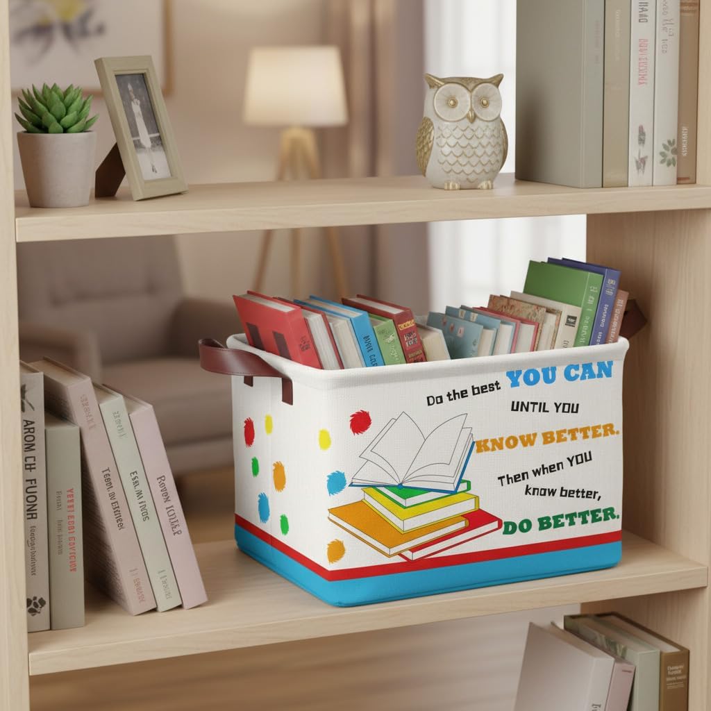 Book Storage Basket Waterproof Canvas Toy Storage Bin Blanket Baskets Collapsible Outdoor Basket with Leather Handles Book Organizer for Nursery Room Classroom Library Closets,Bedrooms,Gifts Baskets