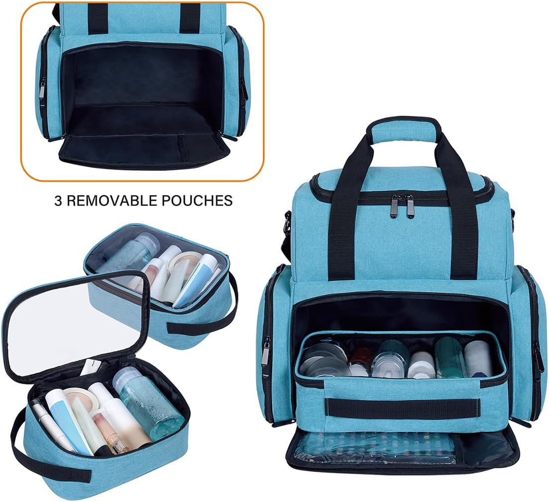 Large Makeup Cosmetic Bag with 3 Removable Case and 2 Removable Dividers Double Layer Travel Storage Organizer, Makeup Brushes Storage Section Lake Green