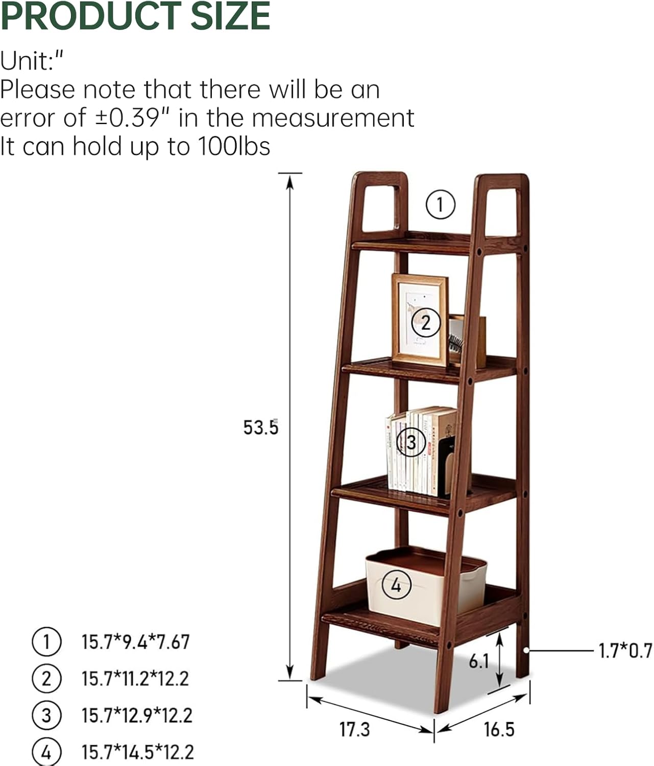 100% Solid Oak 4 Tier Ladder Shelf, Small Bookshelf, Ladder Bookshelf, Bookcase with Stable Frame, Small Table for Living Room Bedroom (Walnut,17.32" D x 16.53" W x 53.54" H)