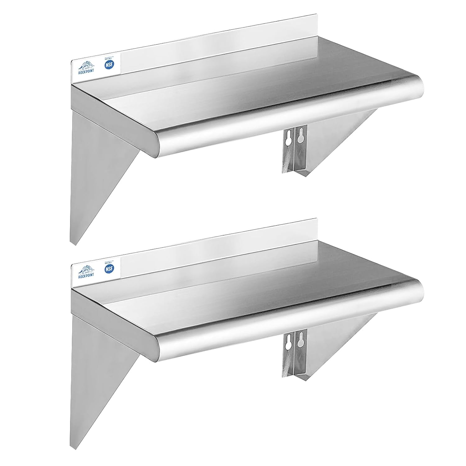 ROCKPOINT Stainless Steel Shelf 10 x 24 Inches 210lb, 2 Pack NSF Metal Commercial Shelves Wall Mount Floating Shelving with Backsplash for Restaurant, Kitchen, Home and Hotel, Silver
