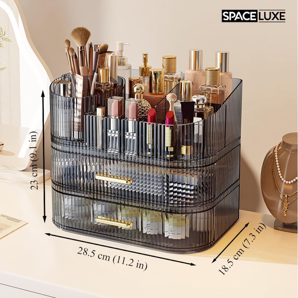 Makeup Organizer with Drawers and 360° Rotating Brush Holder, Large Capacity Cosmetic Storage for Vanity, Skincare, Perfume, Hair Accessories, Lipstick & Jewelry (Transparent Gray, 3-layer)