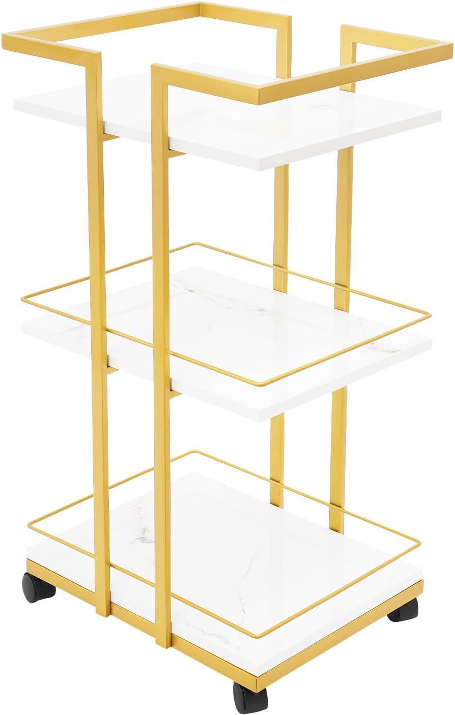 Multi Purpose Utility Cart, Storage Rolling Barber Cart with Wheels & Guardrail, Utility Manicure Trolley with 3-Tier Mobile Storage, Heavy Duty Trolley for Kitchen Living Room Studio