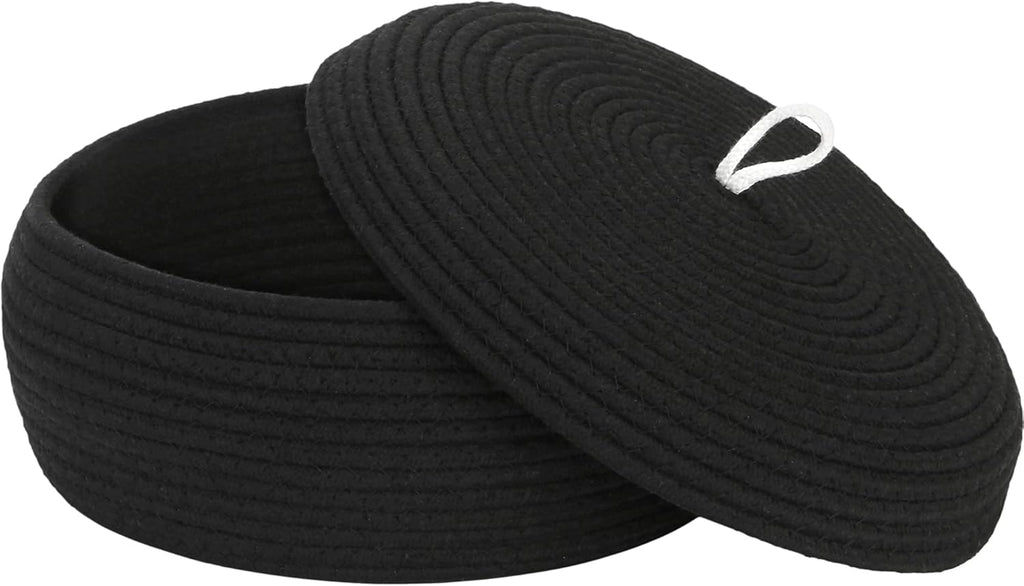 Sea Team Round Cotton Rope Storage Basket with Lid, Decorative Woven Storage Bin, Pot, Caddy, Organizer, Container for Snacks, Towels, Plants, 13 x 5.5 Inches (Large, Shallow, Black)