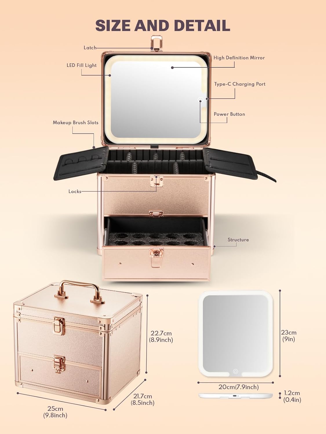 Qislee Makeup Box with Drawer and A Detachable Lighted Mirror, Waterproof Travel Train Case, Cosmetic Organizer and Makeup Suitcase with Adjustable Dividers, Magnetic LED Mirror (Rose Gold)
