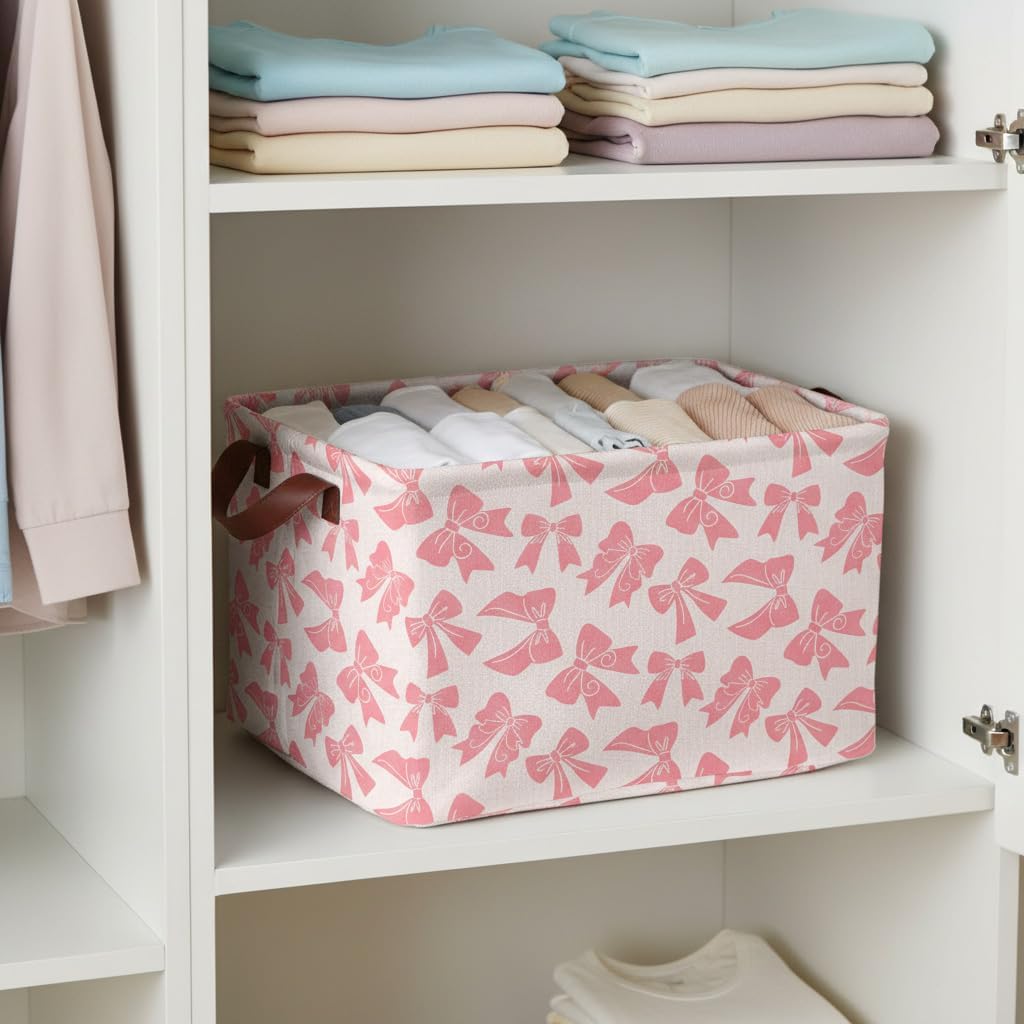 Pink Bow Storage Basket Waterproof Canvas Toy Storage Bin Bow Room Decor Collapsible Outdoor Basket with Leather Handles Coquette Room Decor Blanket Baskets For Closets,Bedrooms,Gifts Baskets