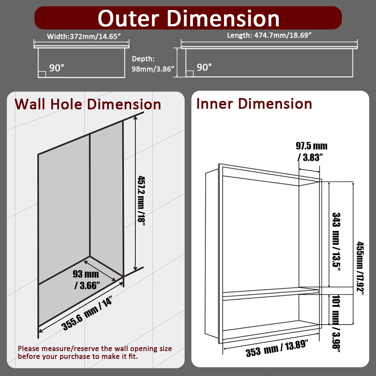 JQK Shower Niche No Tile Need, 18"×14" Brushed Nickel Bathroom Insert Shelf 2 Layer, 304 Stainless Steel Recessed Shower Caddy Organizer Storage, SNL1814D-BN