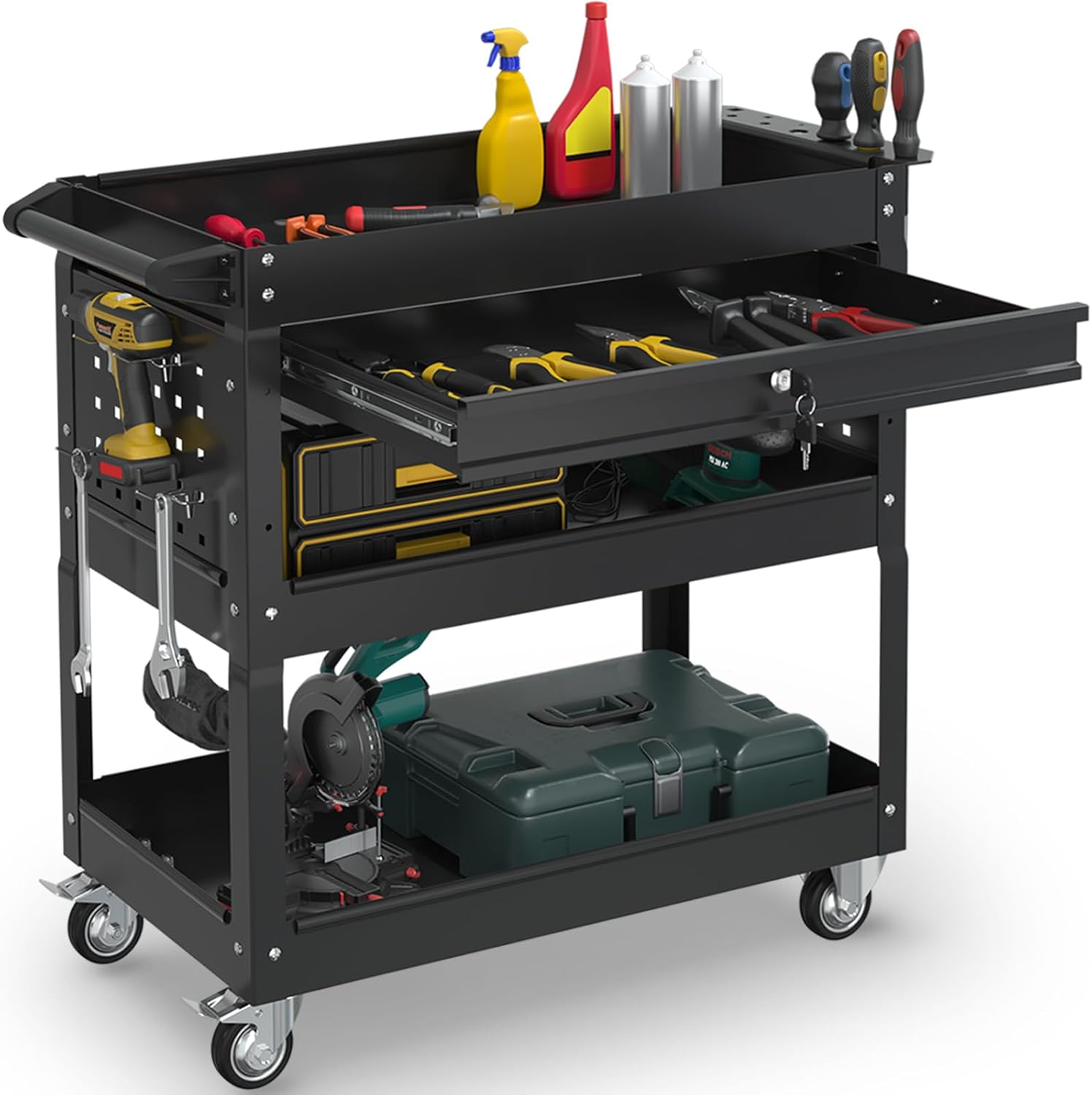 3-Tier Rolling Utility Cart, Metal Heavy Duty Utility Cart on Wheels with Lockable, 330 lb. Load Large Storage Capability Tool Cart for Garage, Warehouse, Repair Shop, Black