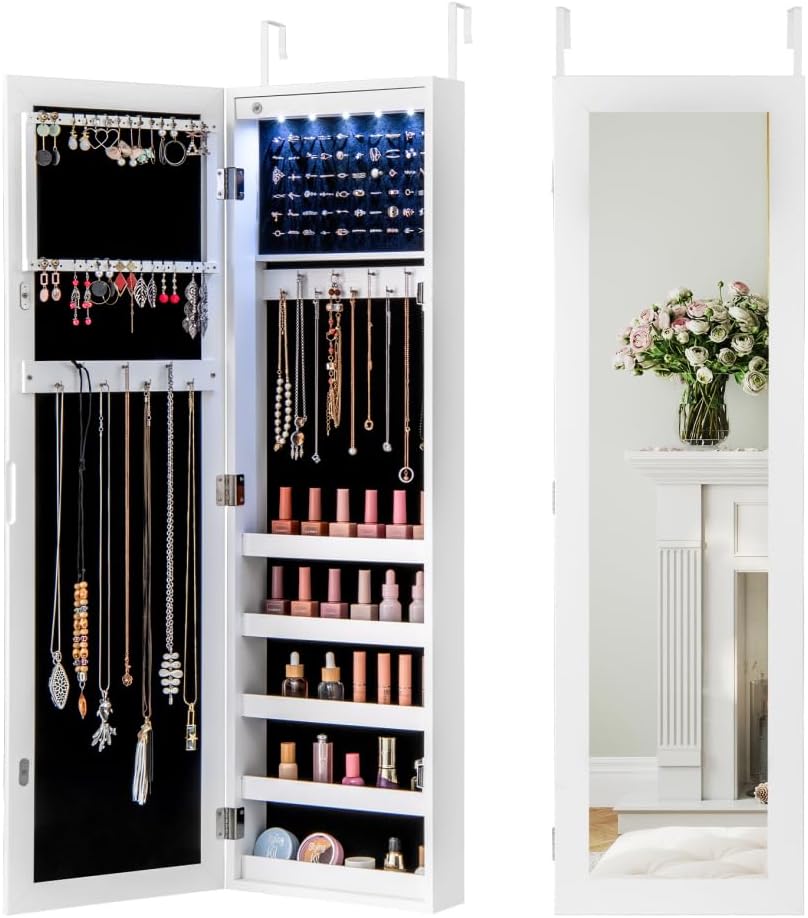 5 LEDs Mirrored Jewelry Cabinet Wall Mounted or Door Hanging, 42” Jewelry Box Armoire with Full Length Mirror, 2 Drawers & Shelves, Over the Door Jewelry organizers and Storage (White)