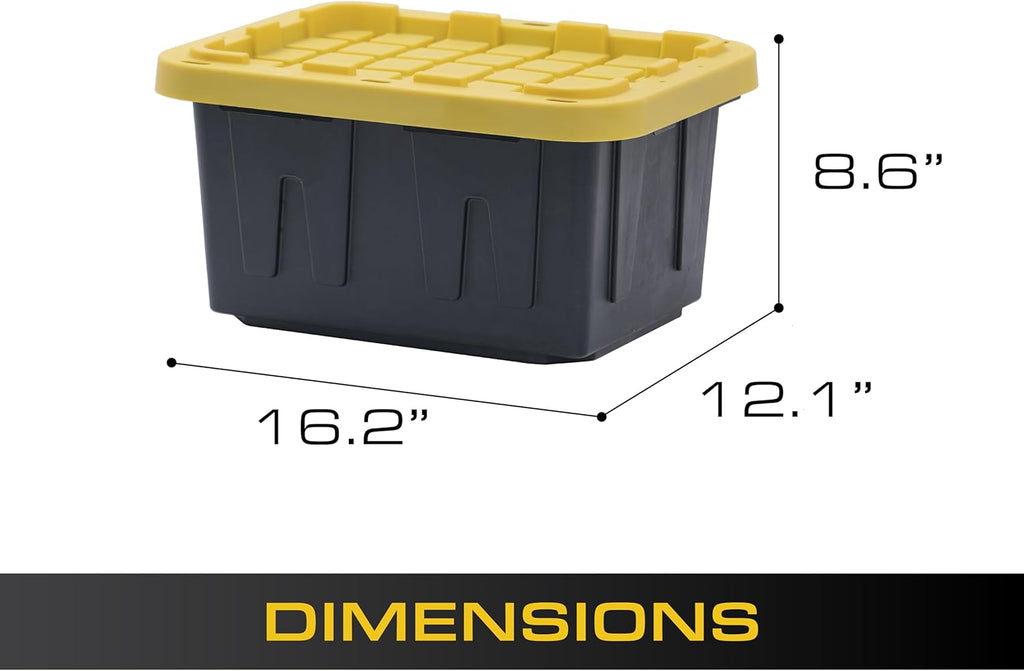 BLACK & YELLOW, 5-Gallon Heavy Duty Tough Storage Container & Snap-Tight Lid, (8.6"H x 12.3"W x 16.4"D), Weather-Resistant Design and Stackable Organization Tote [6 Pack]
