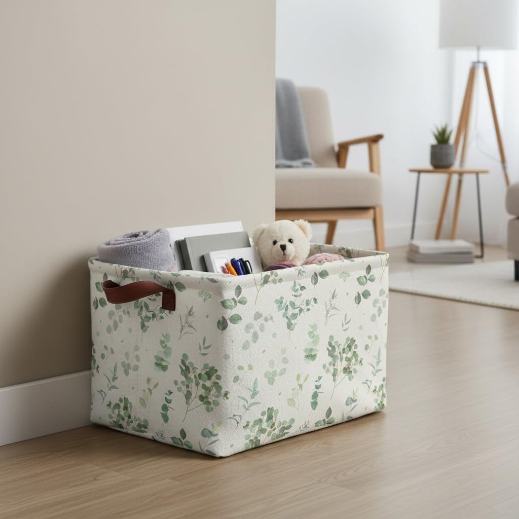 Sage Green Storage Basket Waterproof Canvas Toy Storage Bin Home Decor Collapsible Outdoor Basket with Leather Handles Sage Green Blanket Baskets For Closets,Bedrooms,Gifts Baskets