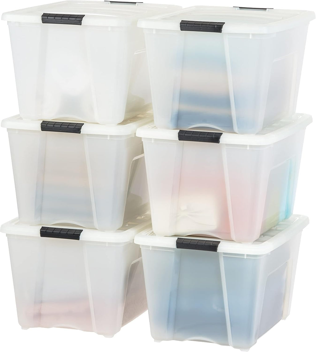 IRIS USA 54 Qt Stackable Plastic Storage Bins with Lids, 6 Pack - BPA-Free, Made in USA - Discreet Organizing Solution, Latches, Durable Nestable Containers, Secure Pull Handle - Pearl