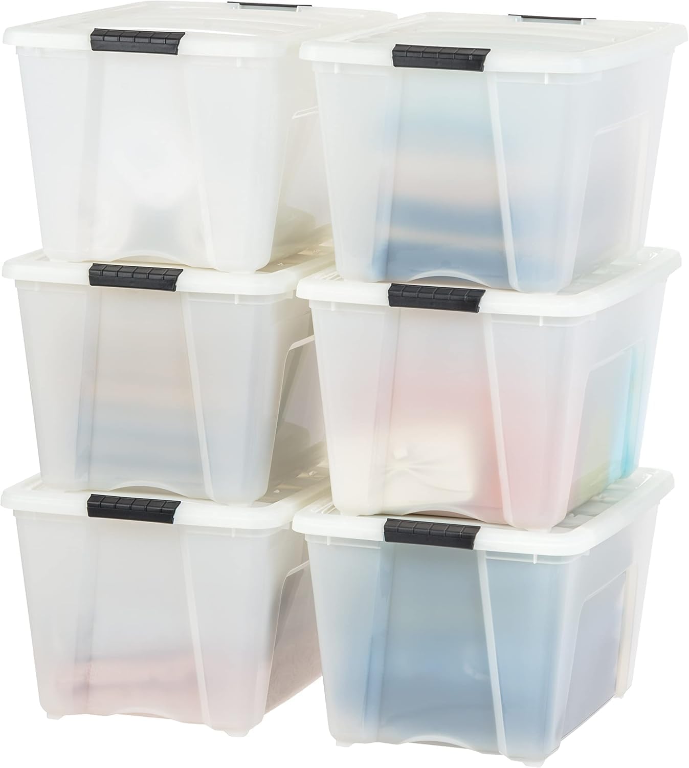 IRIS USA 54 Qt Stackable Plastic Storage Bins with Lids, 6 Pack - BPA-Free, Made in USA - Discreet Organizing Solution, Latches, Durable Nestable Containers, Secure Pull Handle - Pearl