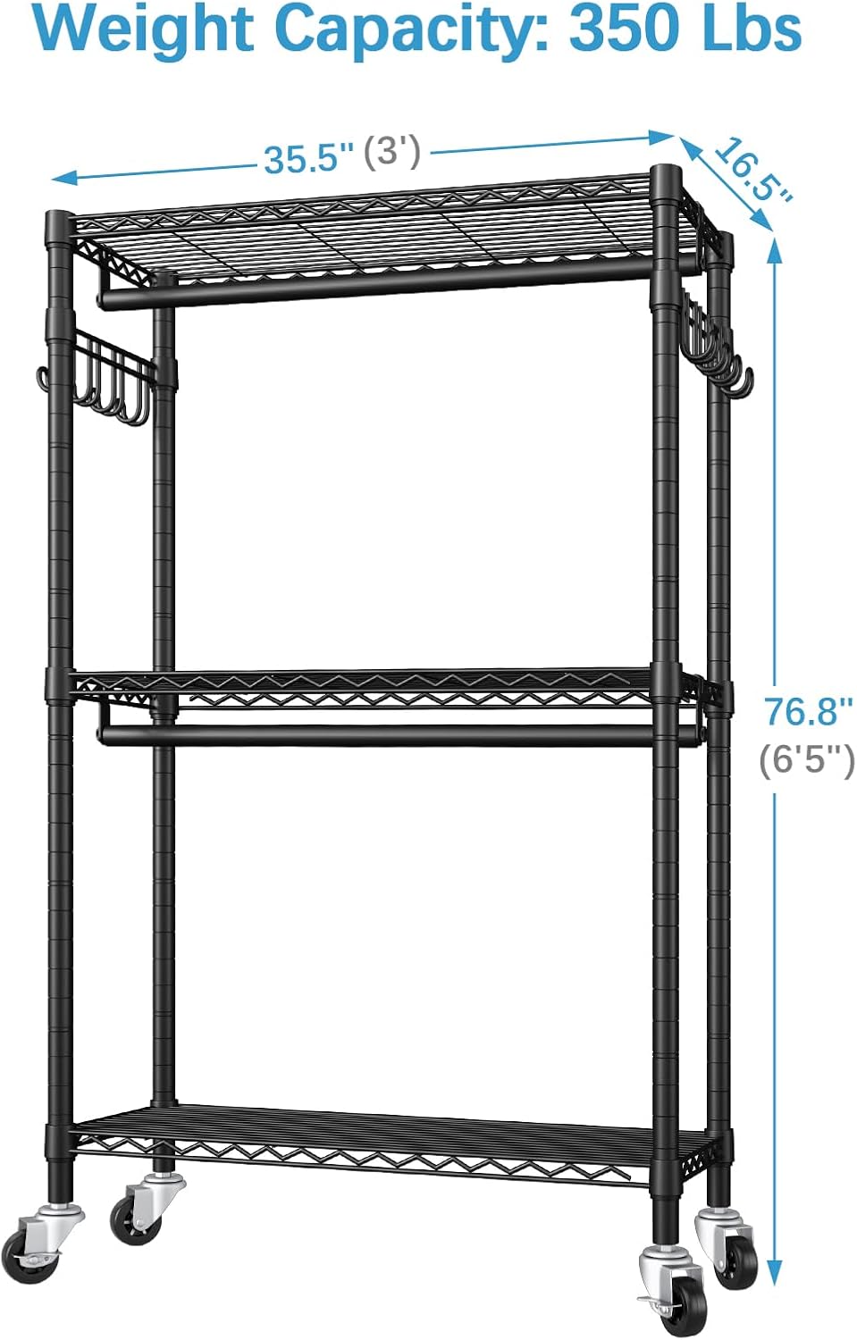 VIPEK R2 Clothes Rack Heavy Duty Clothing Rack for Hanging Clothes, Rolling Garment Rack Adjustable Closet Racks with Double Rods & Hooks, Freestanding Wardrobe Closet Coat Storage Racks, Black