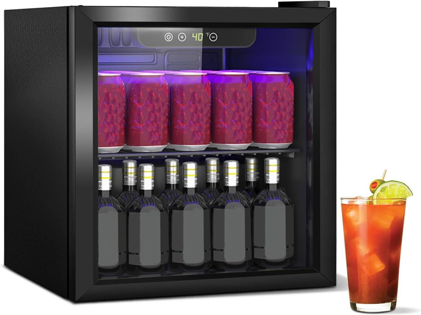 1.3 Cu.Ft Mini Fridge for 60 Cans, Beverage Refrigerator with Glass Door and Digital Display, Small Drink Fridge with Adjustable Shelves for Soda, Beer, Wine, Quiet Compact Fridge for Bedroom