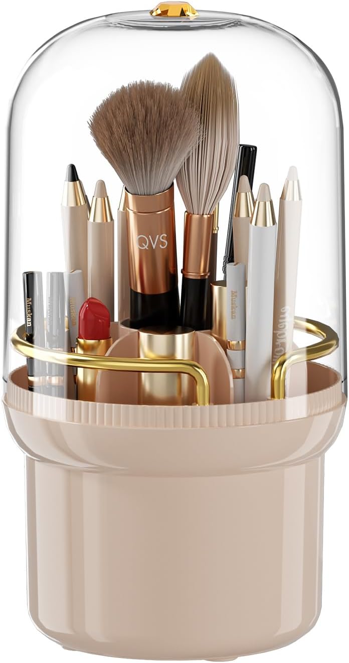 THE LIMIT 360 Degree Rotating Makeup Organizer Box, Dustproof Waterproof, 6 Compartments, Covered Brush Holder, Moisture-Proof, Fits Long Makeup Products, Easy Storage, Large Capacity (Pink)