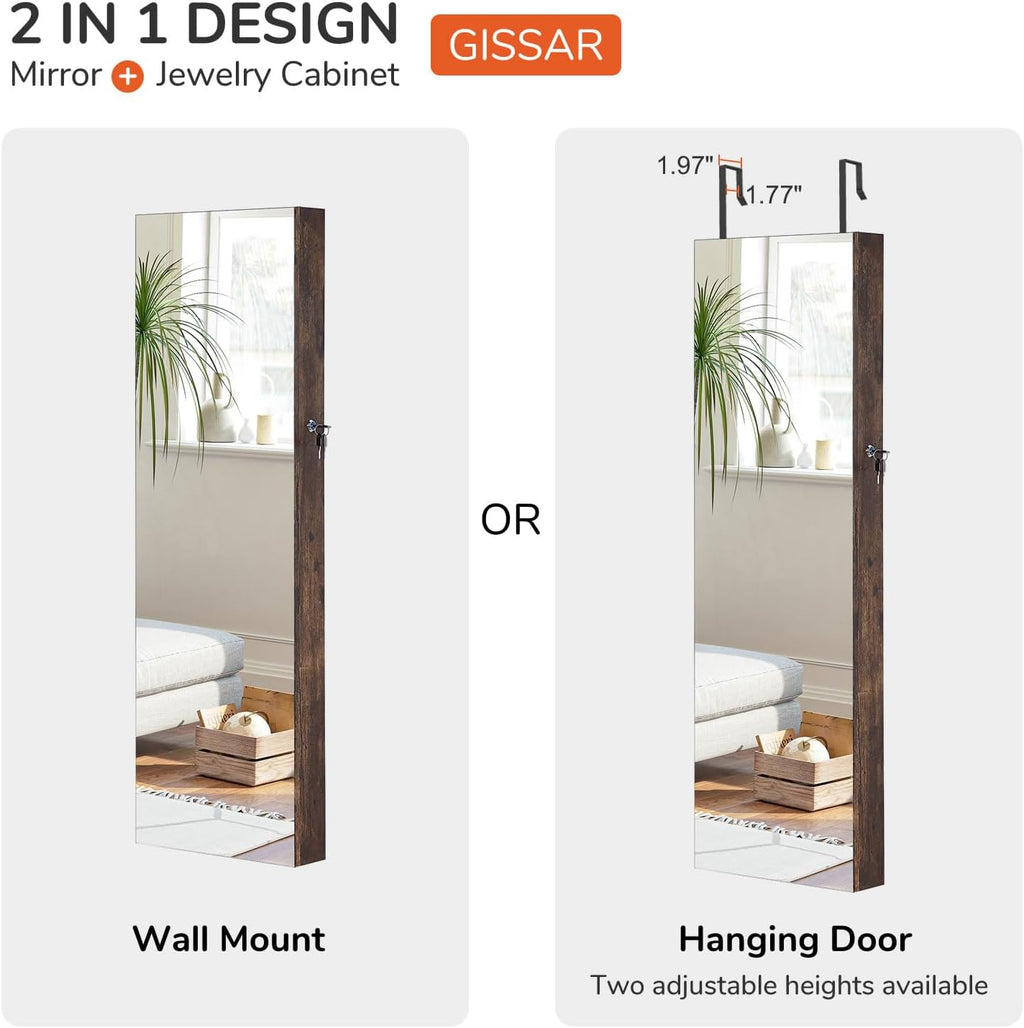 GISSAR Full Length Mirror Jewelry Cabinet, 6 LEDs Jewelry Armoire Wall Mounted Over The Door Hanging, Jewelry Organizer Storage with Lights Lockable, Vintage Brown, 14.6" x 47.2"