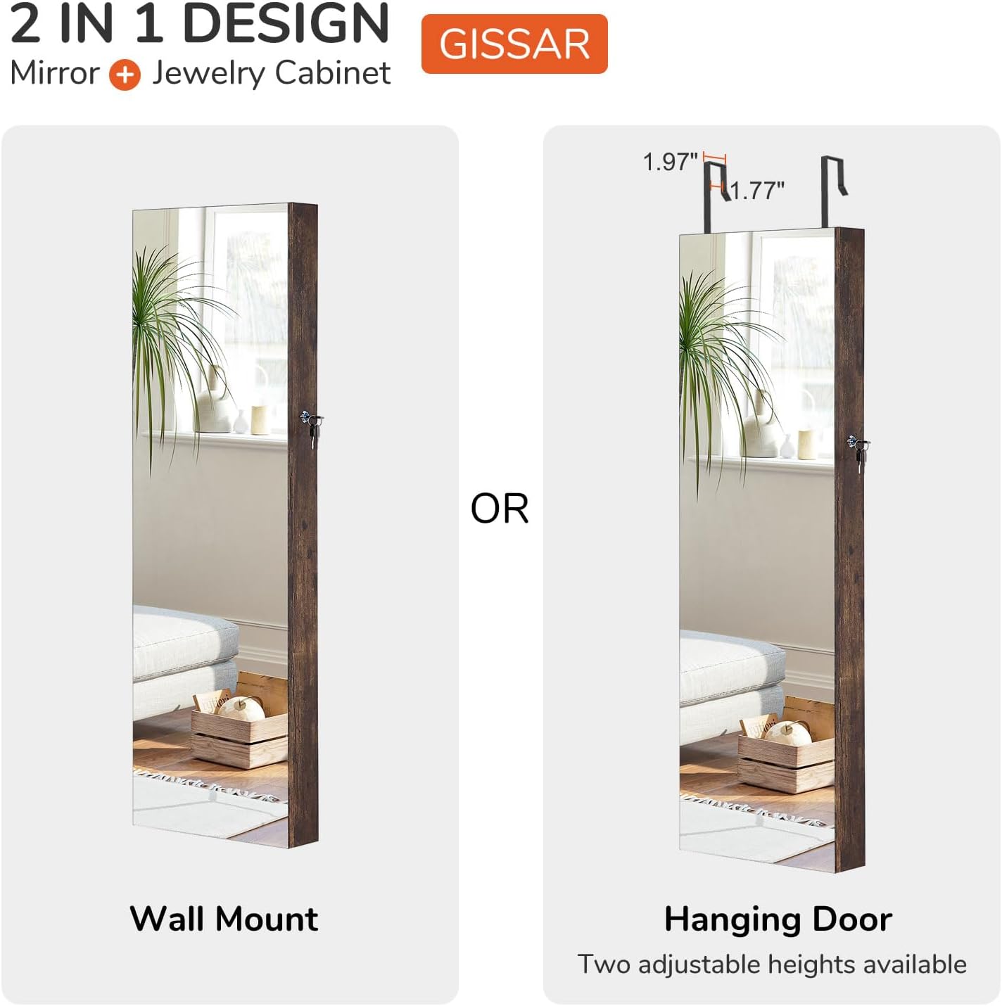 GISSAR Full Length Mirror Jewelry Cabinet, 6 LEDs Jewelry Armoire Wall Mounted Over The Door Hanging, Jewelry Organizer Storage with Lights Lockable, Vintage Brown, 14.6" x 47.2"