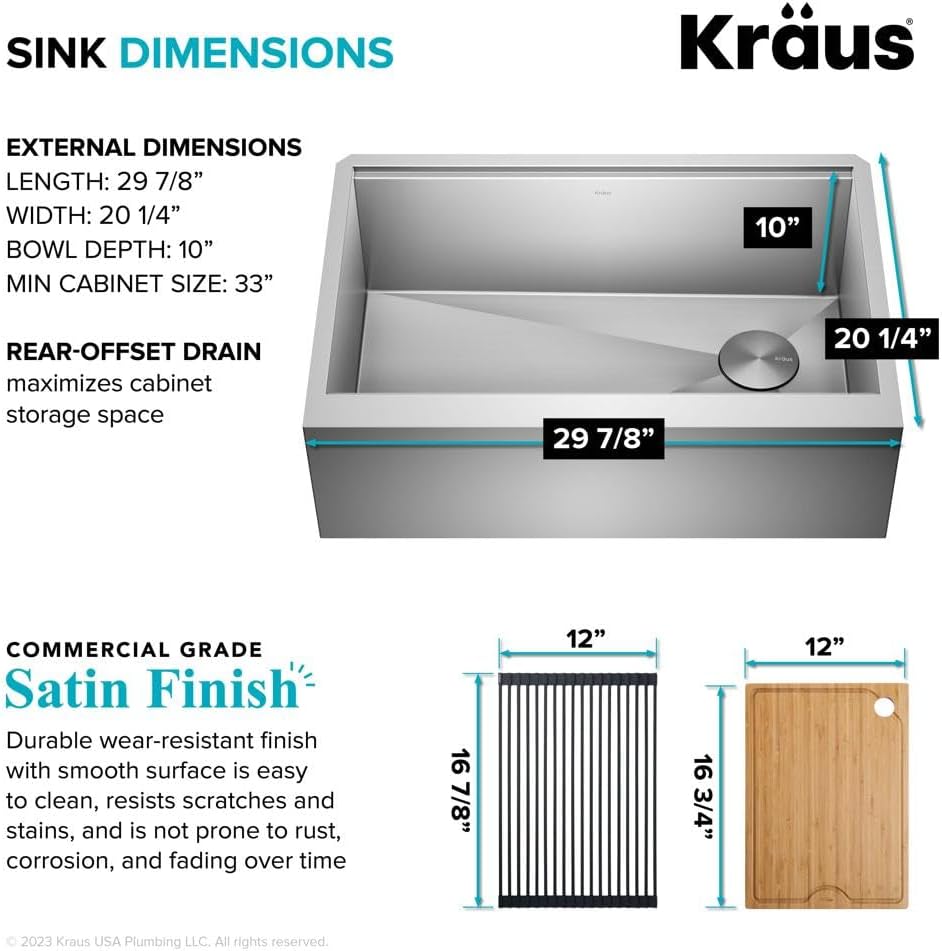 Kraus Kore 30-Inch Farmhouse Workstation with In Sink Dish Drying Rack, Stainless Steel Kitchen Sink, KWF410-30