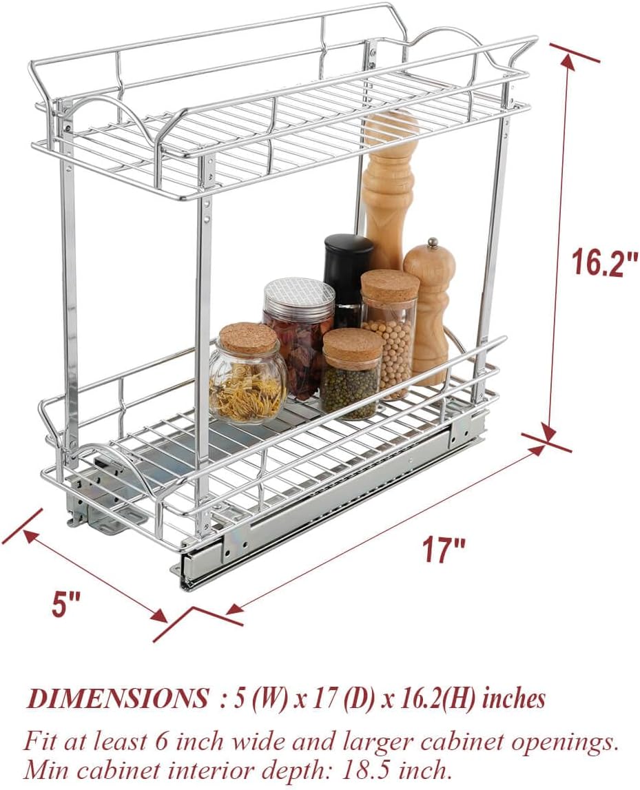 OCG Slide Out Cabinet Organizer for Narrow Cabinet (5" W X 17" D), 2 Tier Pull Out Shelves Slim Sliding Cabinet Organizer and Storage, Chrome
