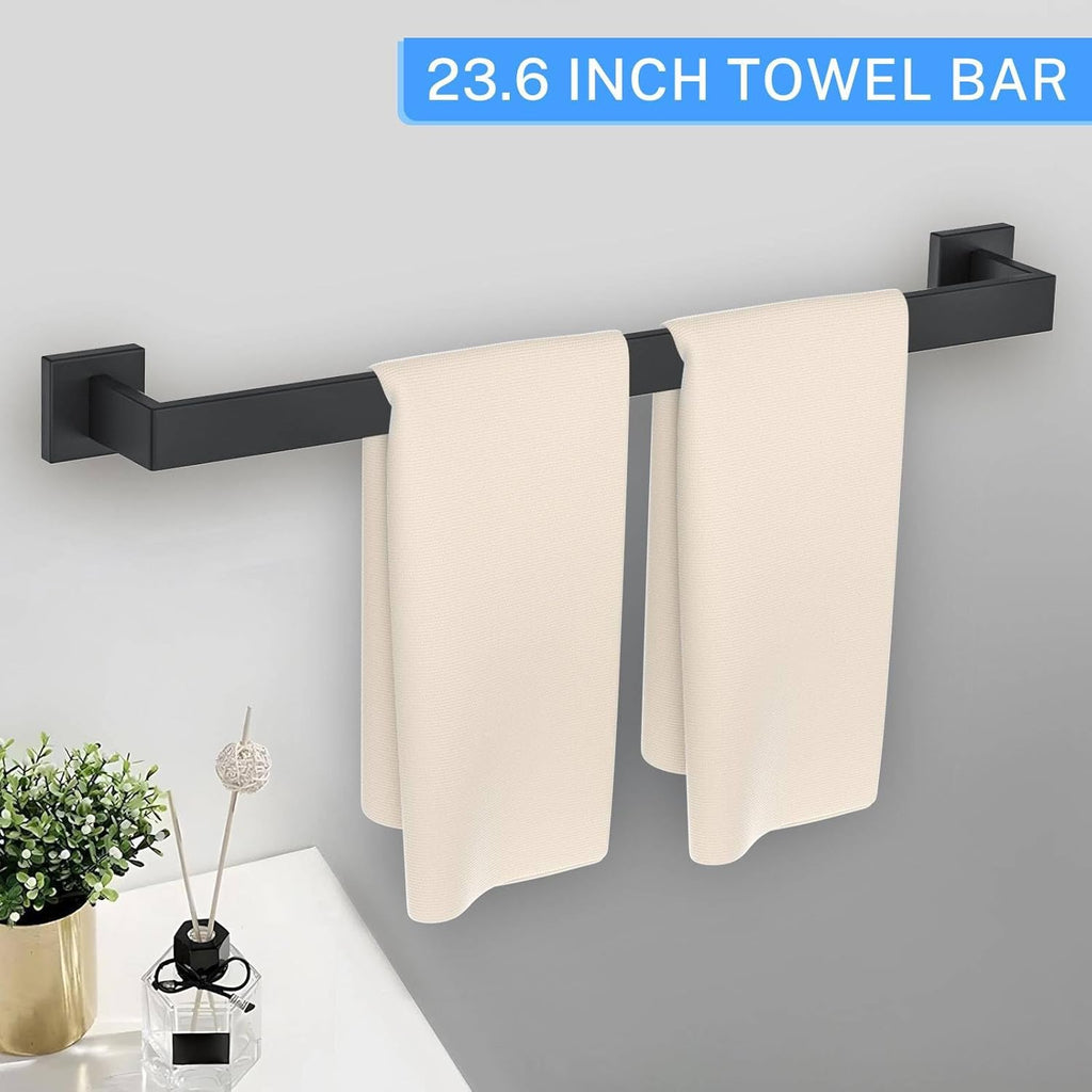 10-Piece Matte Black Bathroom Hardware Accessories Set Black Towel Bar Set Towel Holder Set Stainless Steel Wall-Mounted Towel Rack Set for Bathroom,23.6 Inch Towel Bar