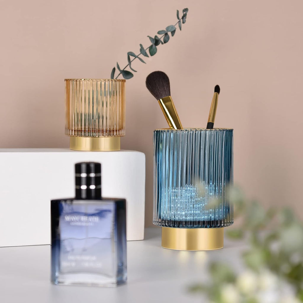 CANITORON Makeup Brush Holder,2 Pack Glass Makeup Brush Holder Organizer Store Cosmetic Tools,Eyeliner,Storage Organizer for Vanity,Bathroom and Bedroom Countertop Storage.(Amber S+L)