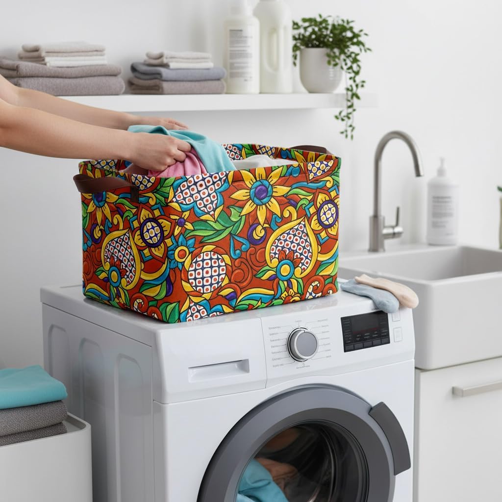 Mexican Talavera Storage Basket Waterproof Canvas Toy Storage Bin Mexican Decor Collapsible Outdoor Basket with Leather Handles Talavera Decor Blanket Baskets For Closets,Bedrooms,Gifts Baskets