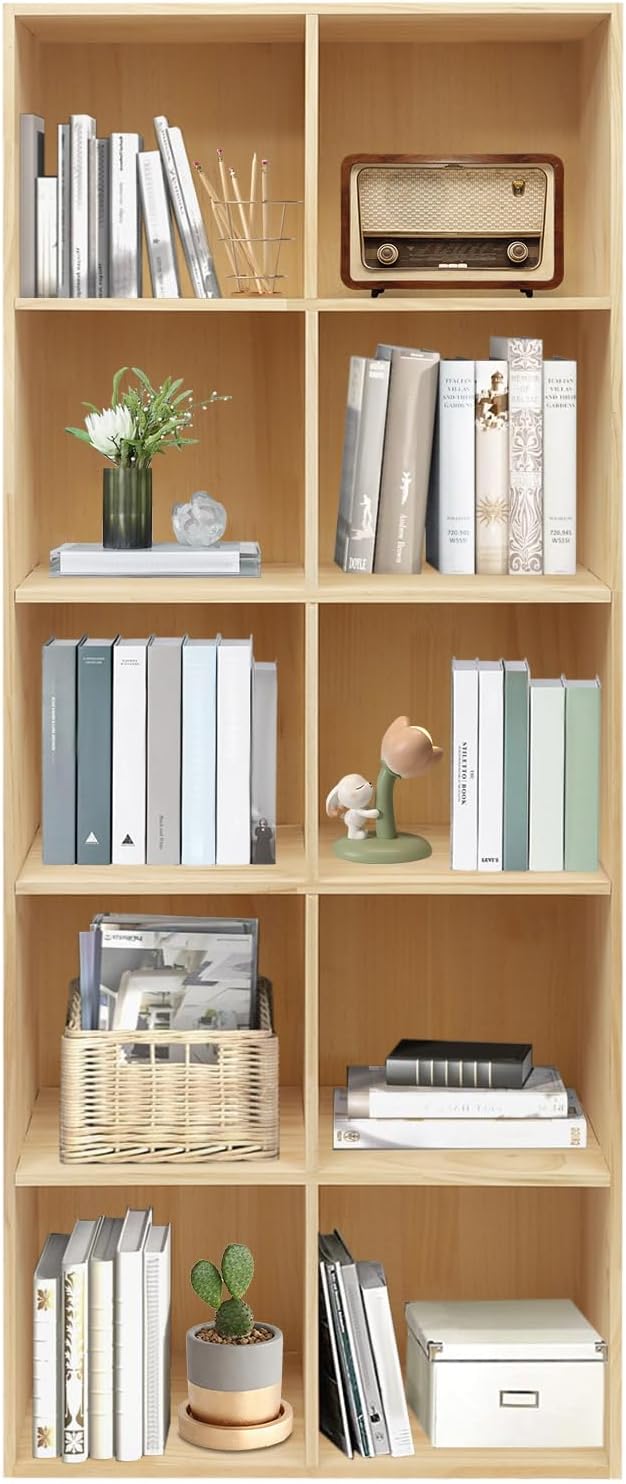 10 Cube Storage Shelf Organizer Bookshelf with Back Panel, 12in Deep Solid Wooden Cube Shelf Bookcase, Floorstanding, Vertical or Horizontal, Easy Assembly