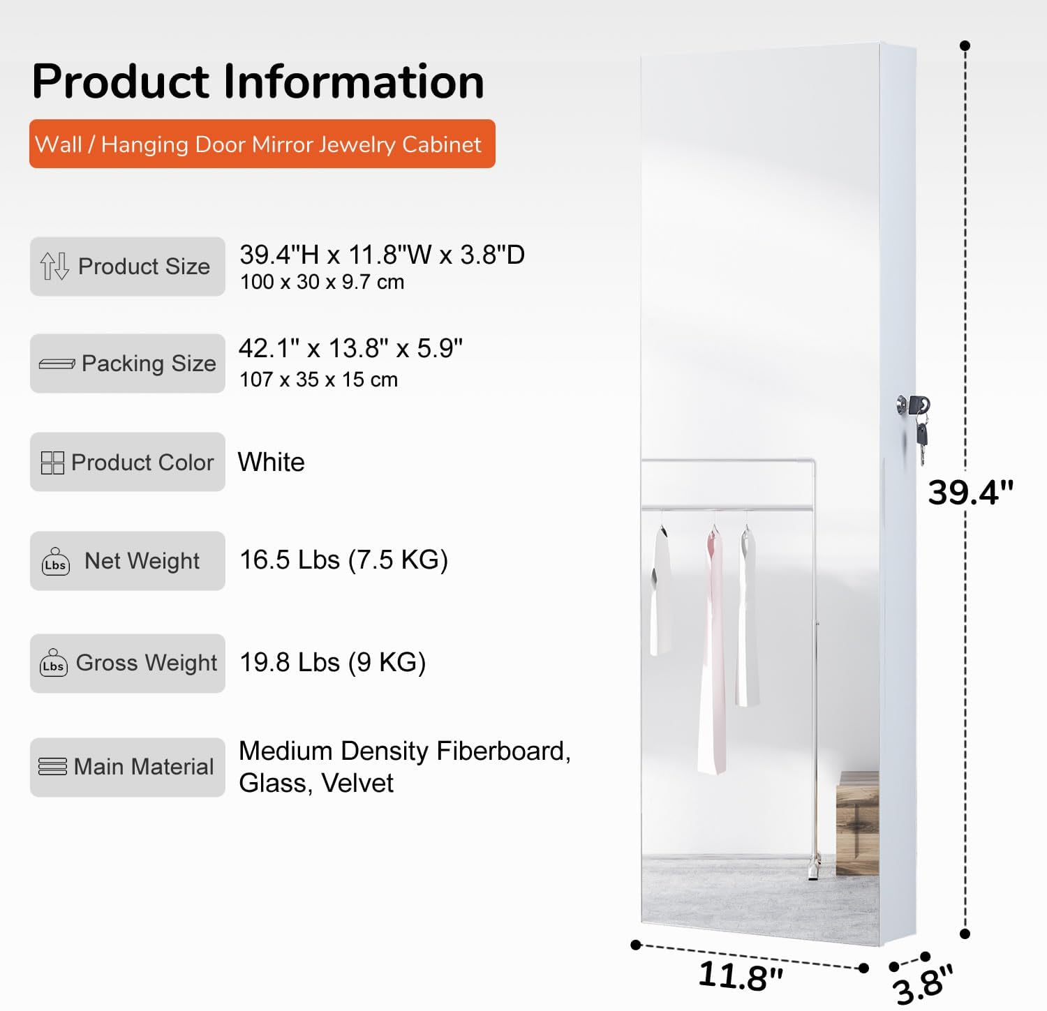 GISSAR Full Length Mirror Jewelry Cabinet, 6 LEDs Jewelry Armoire Wall Mounted Over The Door Hanging, Jewelry Organizer Display Storage Furniture with Lights Locker Mirrored Cabinet, 39.4" H, White