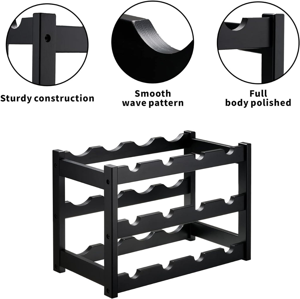 VASMIA Bamboo Wine Rack, Sturdy and Durable Wine Storage Cabinet Shelf, Wine Racks Countertop for Pantry,Kitchen,3-Tier 12 Bottles Wine Rack Black