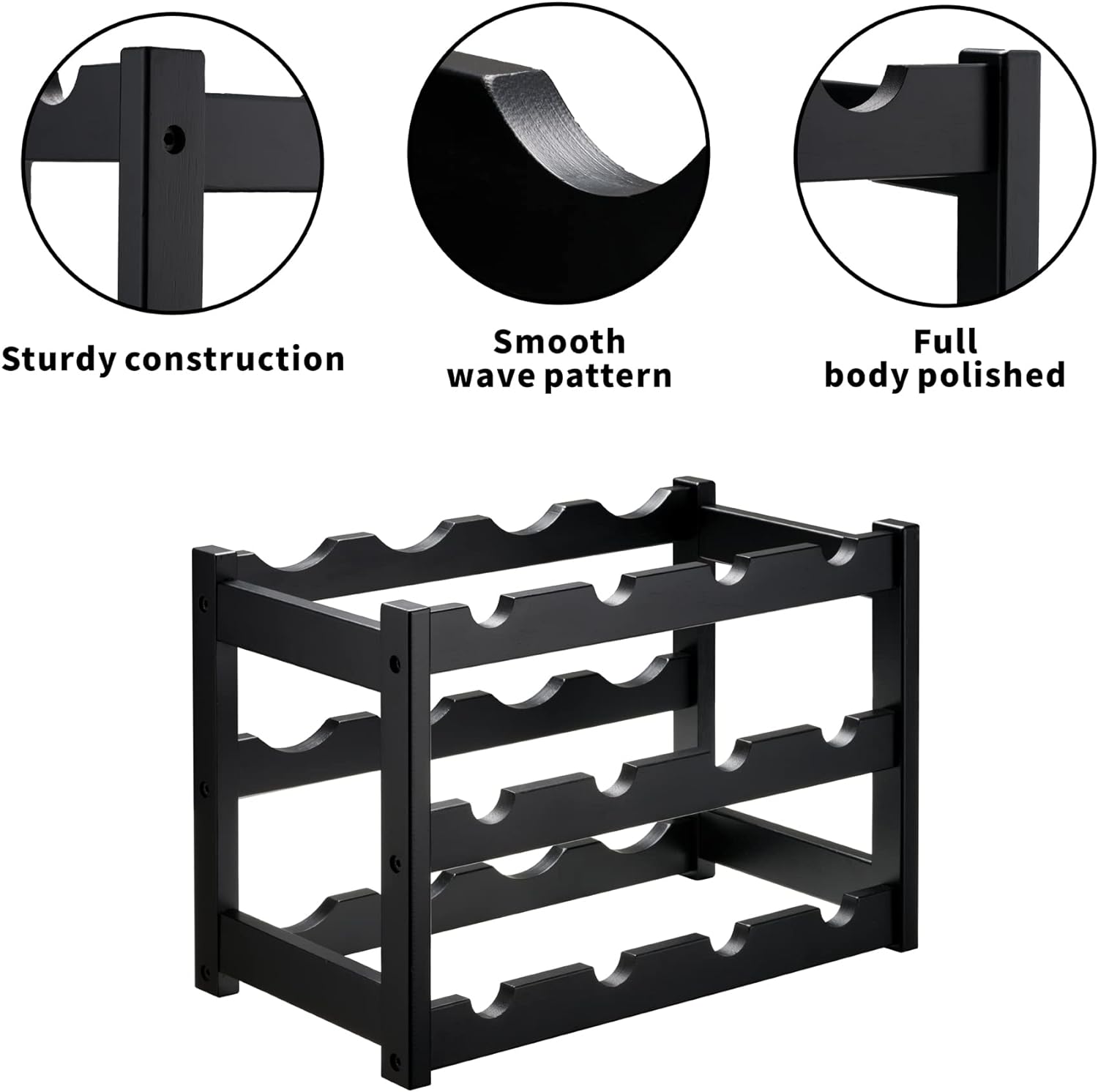 VASMIA Bamboo Wine Rack, Sturdy and Durable Wine Storage Cabinet Shelf, Wine Racks Countertop for Pantry,Kitchen,3-Tier 12 Bottles Wine Rack Black