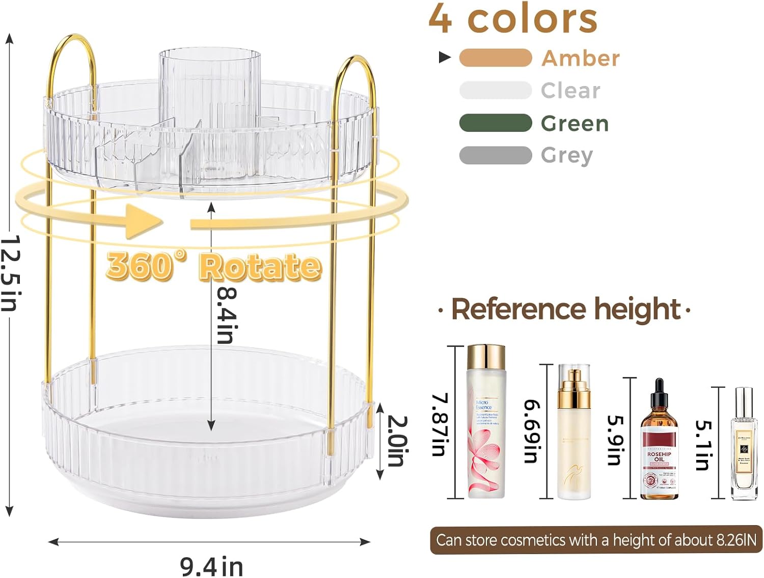 360° Rotating Makeup Organizer, Upgraded 2 Tier Skincare Perfume Organizers for Women, Bathroom Organizer Countertop, Clear Cosmetic Dresser Organizer with Makeup Brush Holder, Sink&Counte (Clear)