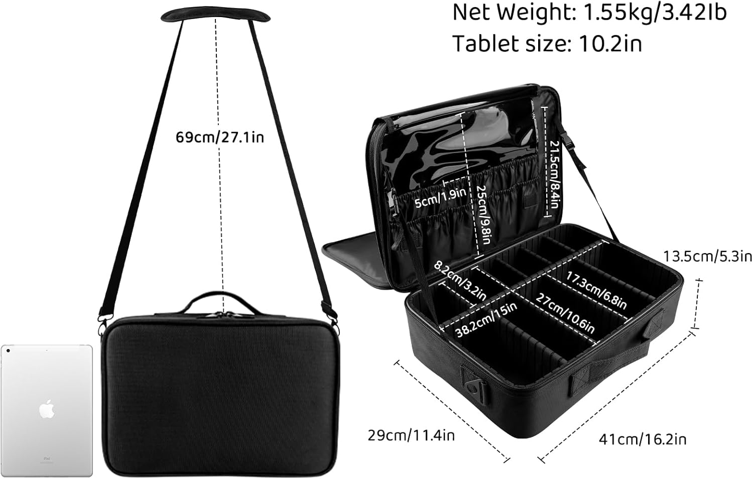 JOURMON Travel Makeup Train Case,Large Capacity Cosmetic Bags for Women,Portable Makeup Bag Organizer with Adjustable Dividers & Shoulder Strap (Black, L)