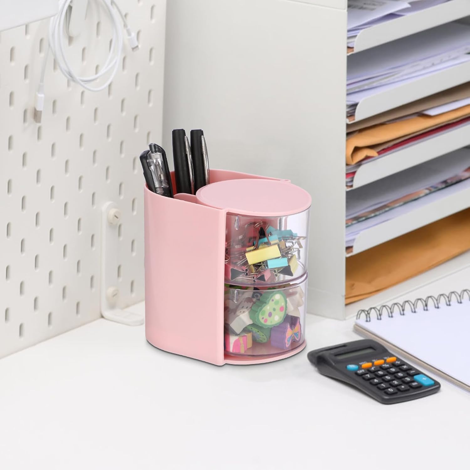 Plastic Hair Accessories Organizer with Brush Holder Rotating Makeup Container Jewelry Storage Box for Vanity Bathroom Countertop, 2-Layer Pink