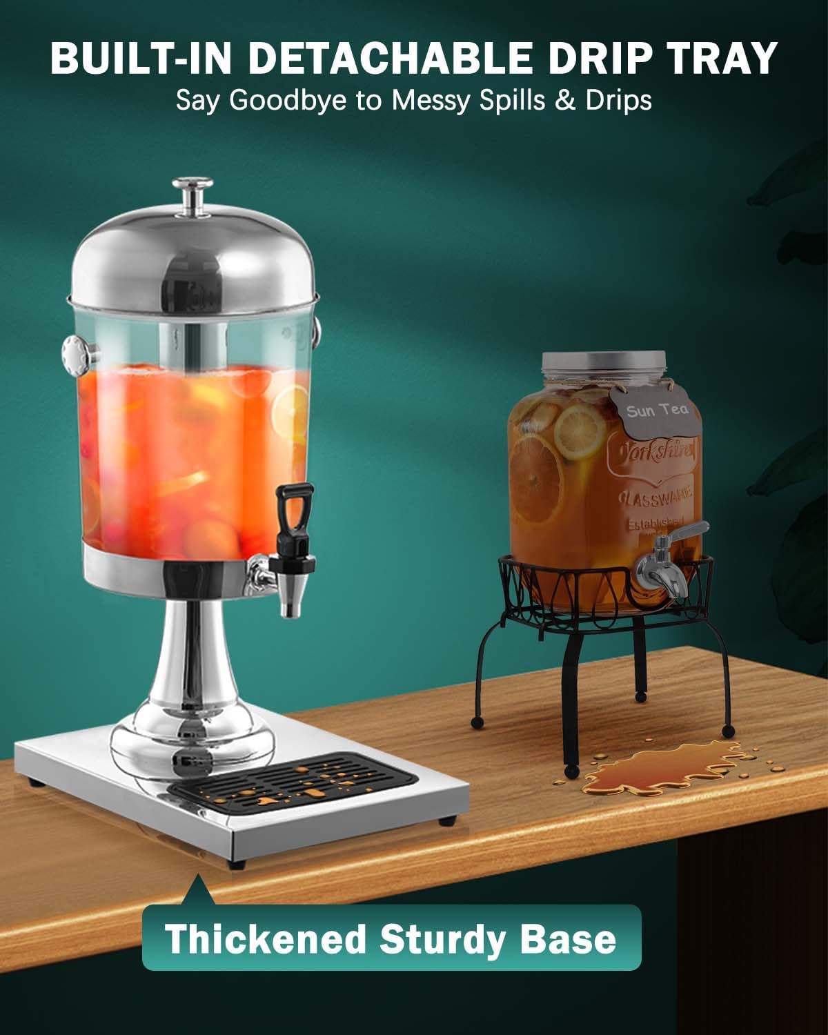 1.5 Gallon Drink Dispensers for Parties, [Easy-to-Clean Drip Tray Design] [Cold & Hot Dual-Use] Beverage Dispenser with Stand & Ice Core, Stainless Steel Juice Dispenser for Home Lemonade, Catering