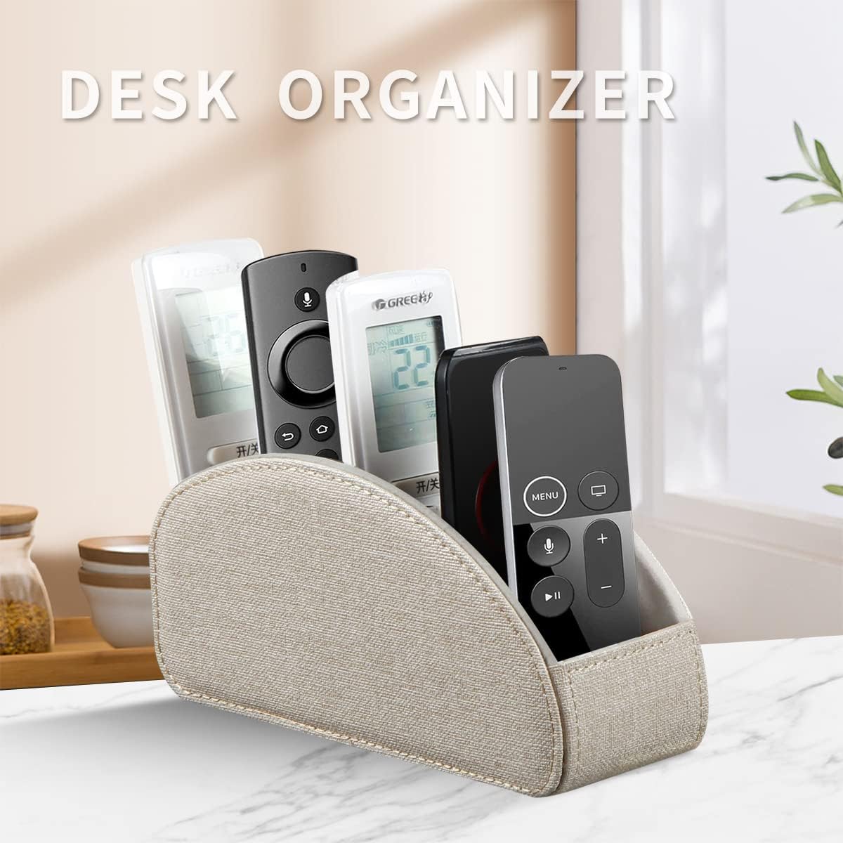Remote Control Holder, Leather 5 Rooms Desk Organizer and Decorations for Living Room, Bedside Storage Remotes Caddy for TV Controllers/ Makeup Brush Pen/ Office Stationery/ Art Supplies/ Eyeglasses