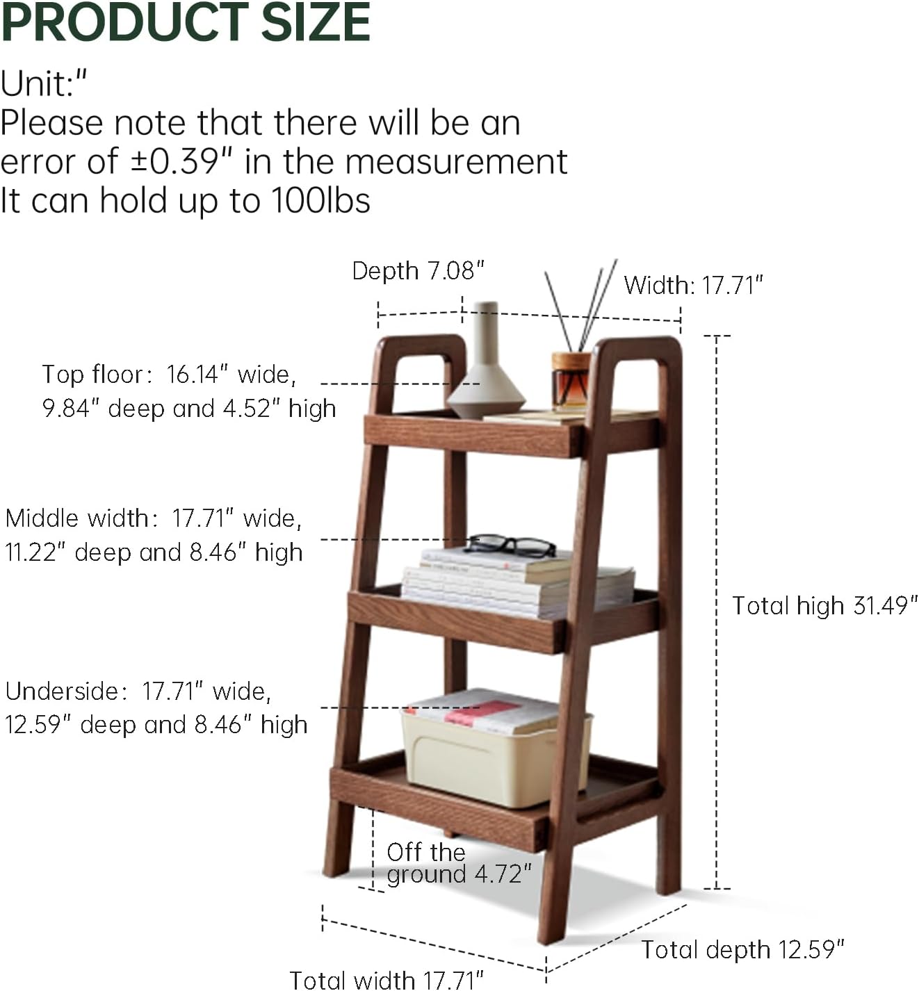 100% Solid Oak 3 Tier Ladder Shelf, Small Bookshelf, Ladder Bookshelf, Bookcase with Stable Frame, Small Table for Living Room Bedroom(Walnut, 12.6" L x 17.72" W x 31.5" H)