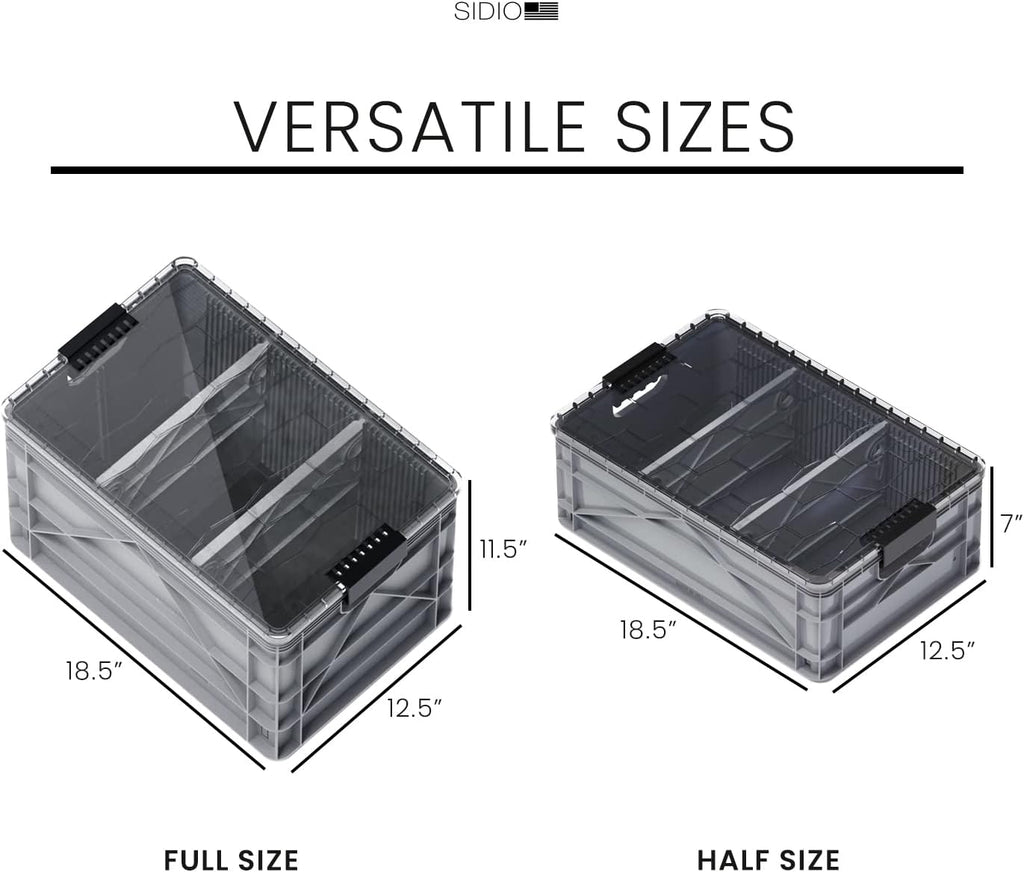 SIDIO CRATE Pro Pack - Two Full Size and One Half Size Heavy Duty Stackable Storage Bins, Totes, Containers with Lids and Dividers - Durable Organizer for Home, Office, Garage, and Outdoor Use - Gray