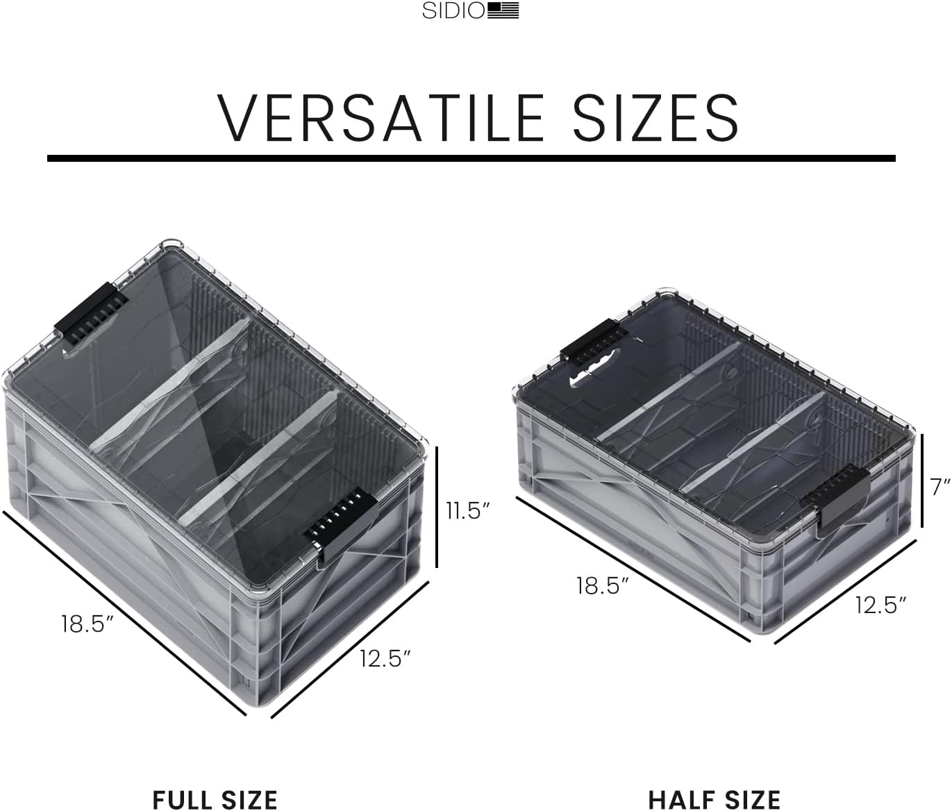 SIDIO CRATE Pro Pack - Two Full Size and One Half Size Heavy Duty Stackable Storage Bins, Totes, Containers with Lids and Dividers - Durable Organizer for Home, Office, Garage, and Outdoor Use - Gray