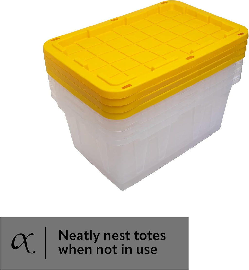 CX BLACK & YELLOW, 27-Gallon Heavy Duty Clear Storage Container & Snap-Tight Lid, Clear & Yellow (14.3H x 20.6W x 30.6D), Weather-Resistant, Stackable, See-Through Organization Tote [4 Pack]