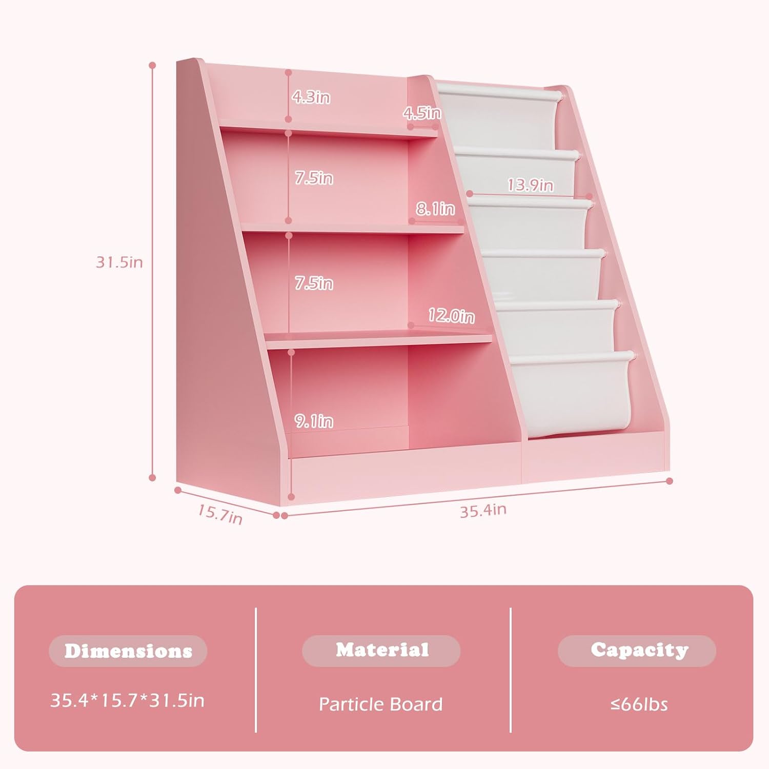 Pink 4-Tier Kids Wooden Bookshelf,5 Layer Sling Bookcase,Baby Storage Book Rack,Kids Book Toy Organizer Chest,Infant Toddler Front Facing Book Display,Playroom Classroom Nursery Church Bedroom