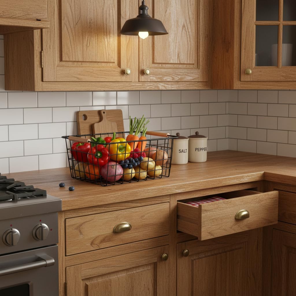 LeleCAT Wire Baskets with Wooden Handles Wire Storage Organizer Bin Baskets, Pantry, Closets, Bedrooms - Set of 2（Black）