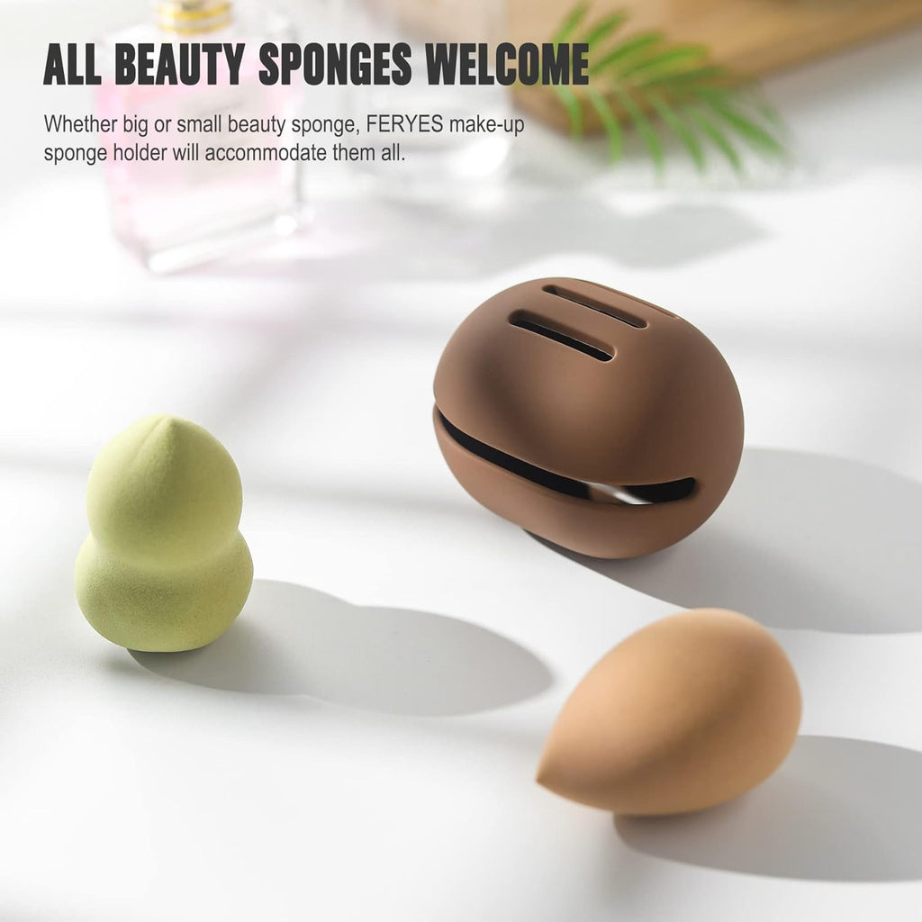 FERYES 2 PCS Makeup Sponge Holder – Shatterproof Eco-Friendly Silicone Beauty Make Up Blender Case for Travel - Brown