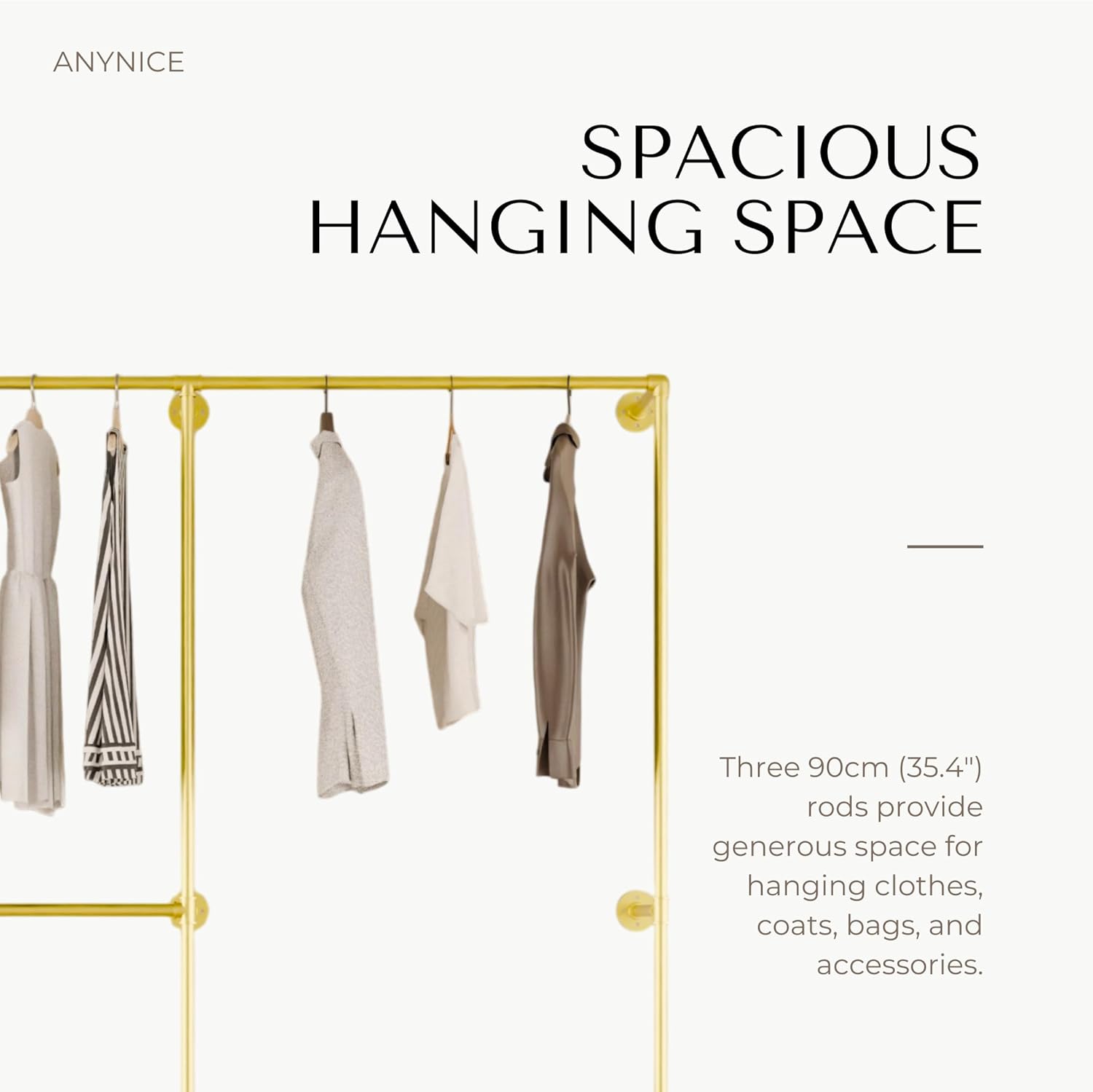 Industrial Pipe Clothing Rack, Heavy Duty Wall Mounted Clothes Rack,Retail Display Hanging Garment Rod for Laundry Rooms, Closet Storage, 14.6x75x82.7 Inches, Model K08 Gold