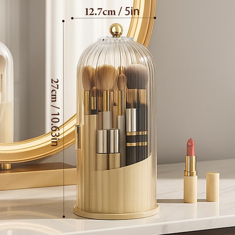 Covered 360° Rotating Makeup Brush Holder, Makeup Organizers with Lid, Clear Cover Brush Holder with Transparent Door Lid for Desktop, No Dust Toothbrush Holders for Vanity and Bath (Clear black)
