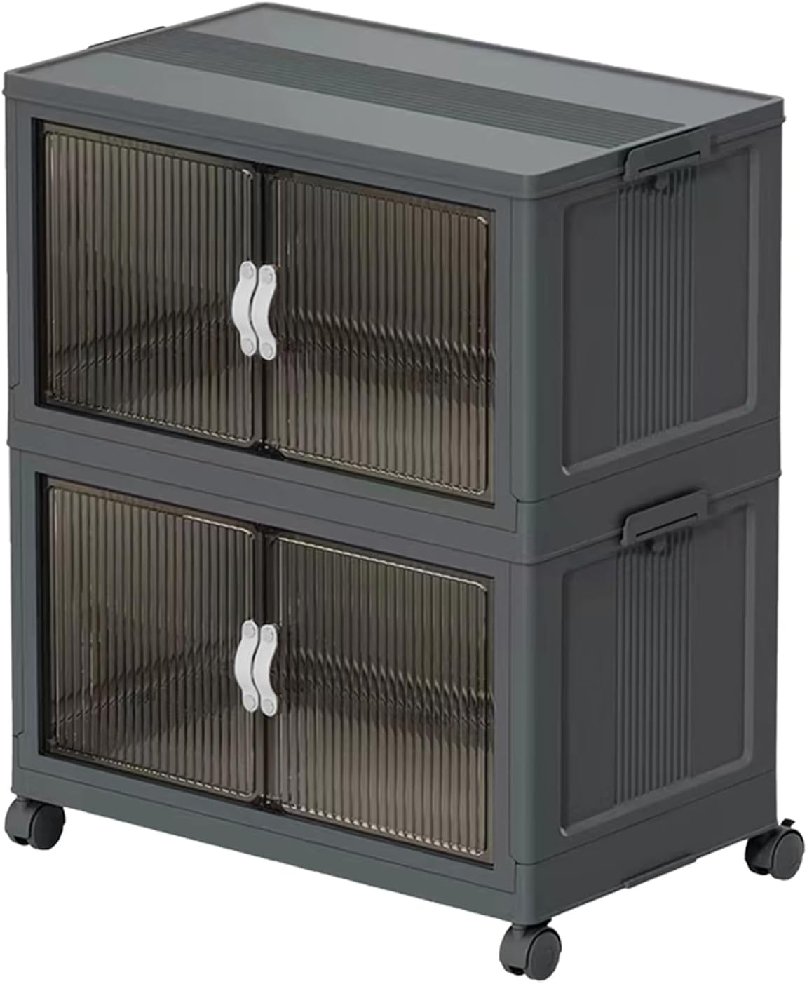 Stackable Storage Bins, Plastic Collapsible Storage Bins with Lid and Wheels, Folding Closet Organizer Clear Doors, Foldable Cabinet Storage Boxes for Home, Pantry, Office (M, Gray 2-Tier)