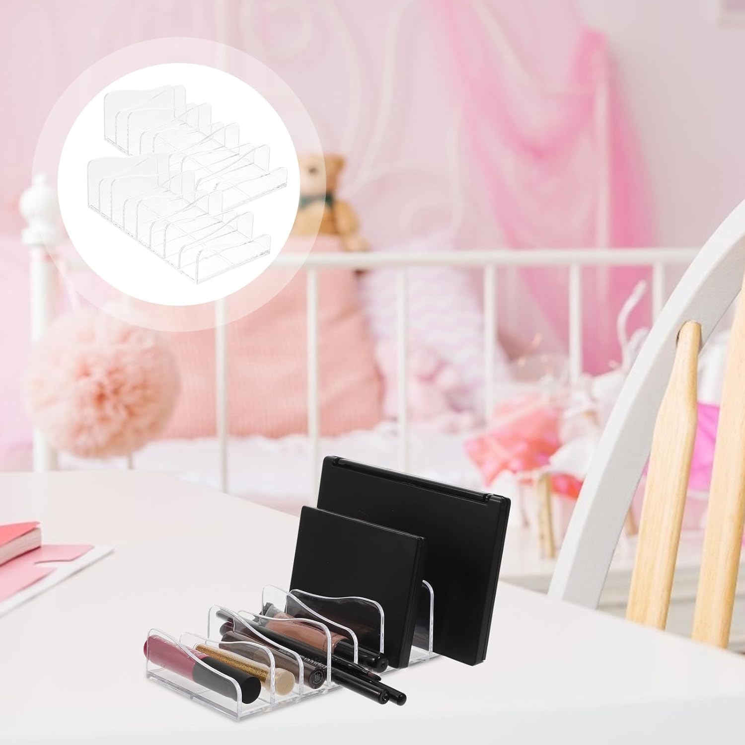 2pcs Divided Eyeshadow Palettes Organizer Stand Makeup Storage Rack for Cosmetics Lipstick Nail Polish and Brush Holder Vertical Display for Vanity and Dressing Table