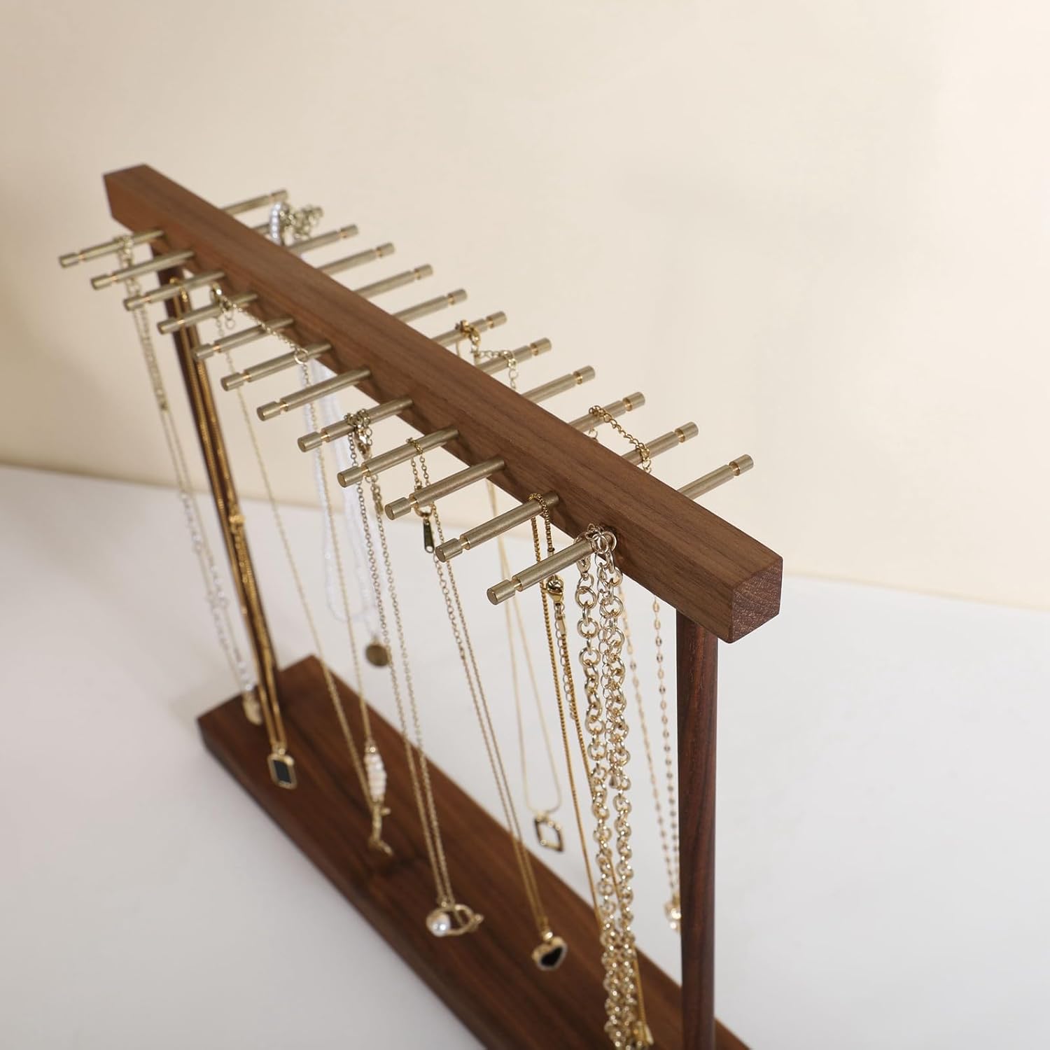 GemeShou Medium necklace hanger shelf with 12 copper bars, Wooden jewelry storage organizer rack for hanger necklace bracelet, necklace display stand for boutique store【Walnut】