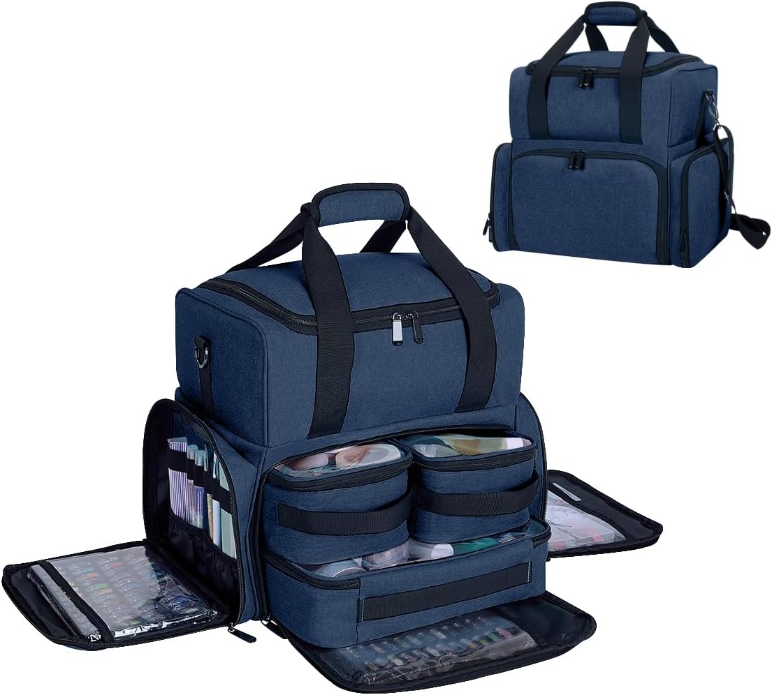 Large Makeup Cosmetic Bag with 3 Removable Case and 2 Removable Dividers Double Layer Travel Storage Organizer, Makeup Brushes Storage Section Blue